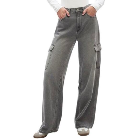 Gap Women’s 14 High Rise Wide Leg Cargo Jean Cotton 32 Regular Gray Wash - Picture 1 of 7